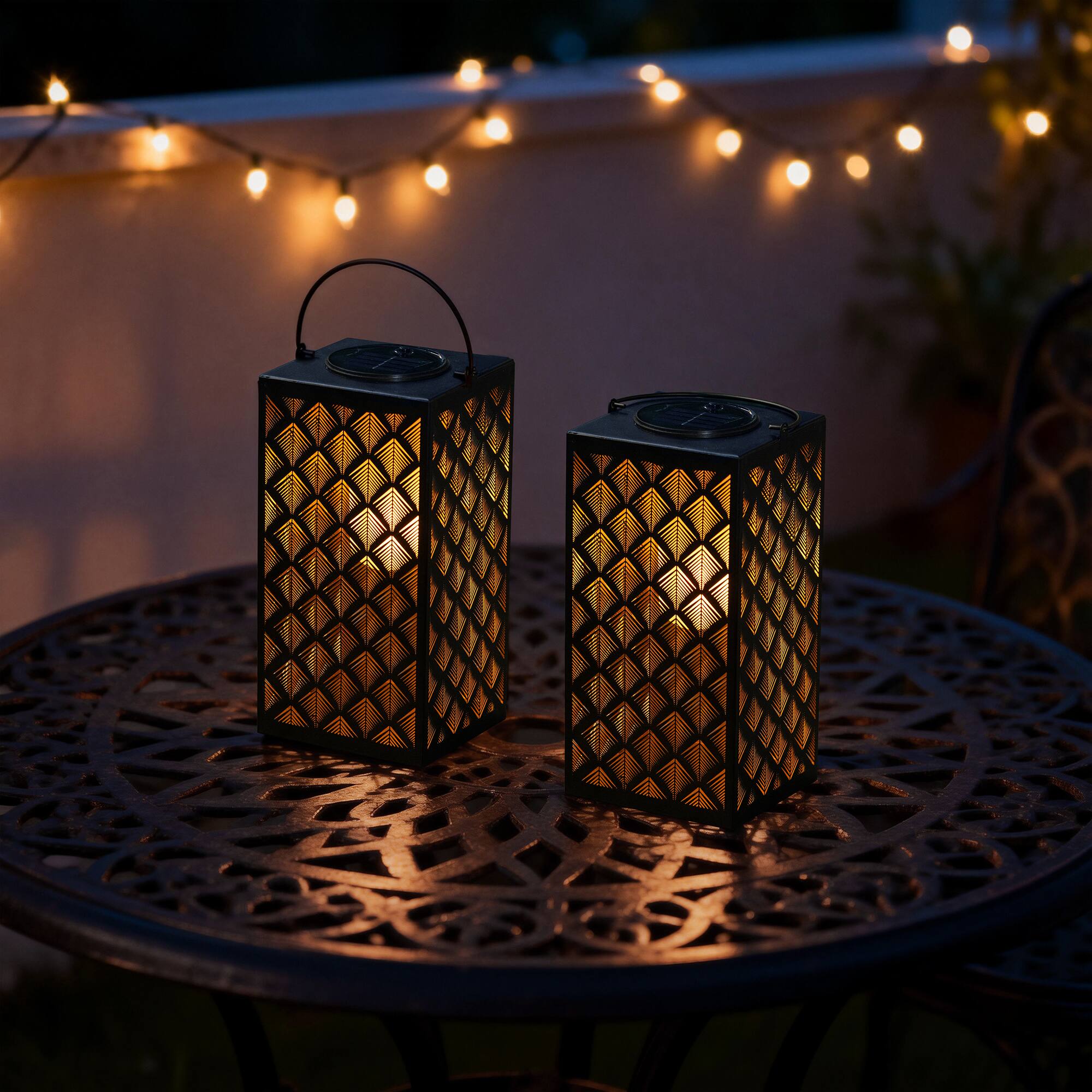Glitzhome® 11" Set of 2 LED Black Square Textured Glass Solar Powered Hanging Lantern